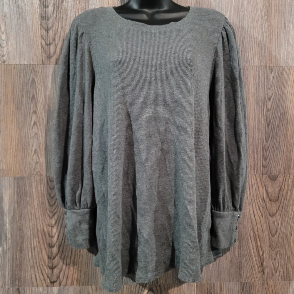 J Jill Waffle Knit Lightweight Sweater Size 2X Gray Balloon Sleeve Button Cuff